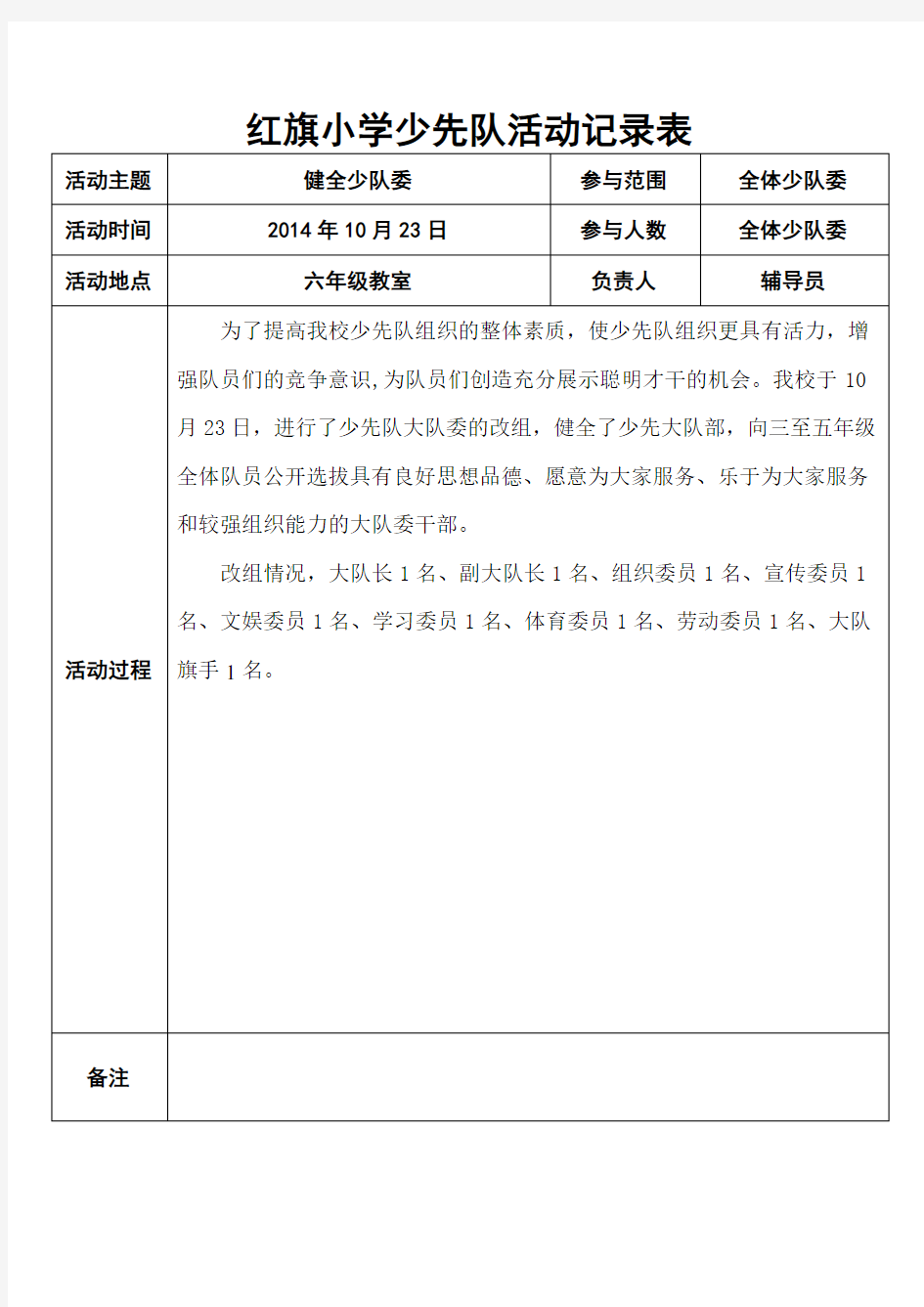 小学少先队活动记录表资料