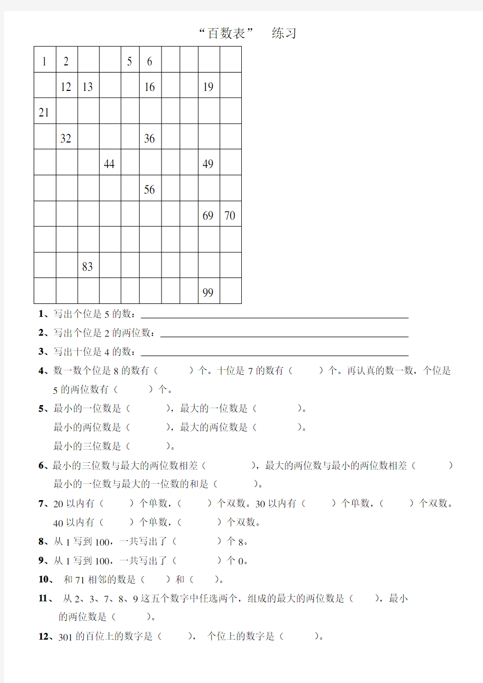 (完整版)一年级数学百数表小练习题