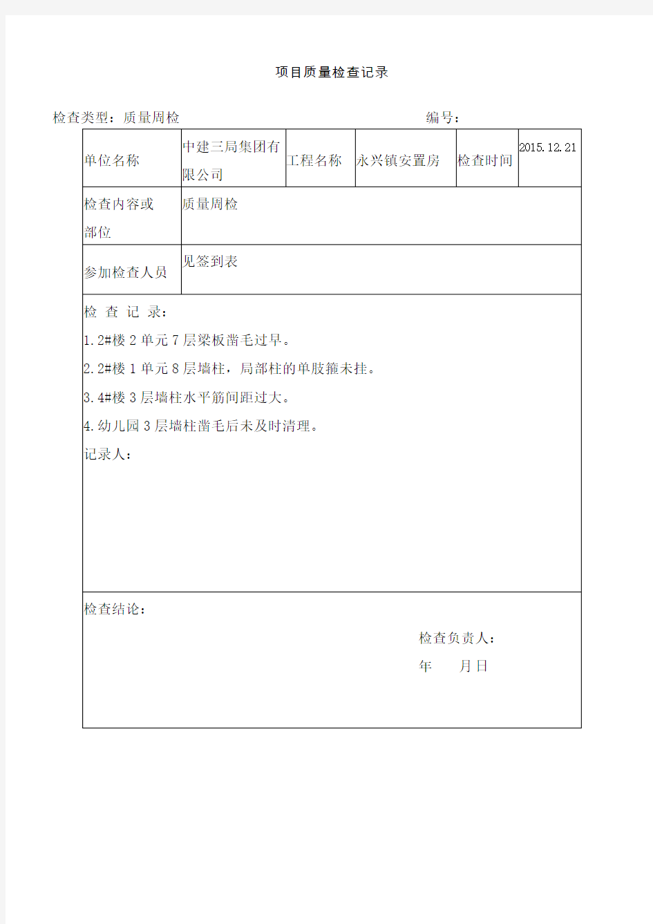 项目质量周检查记录表()