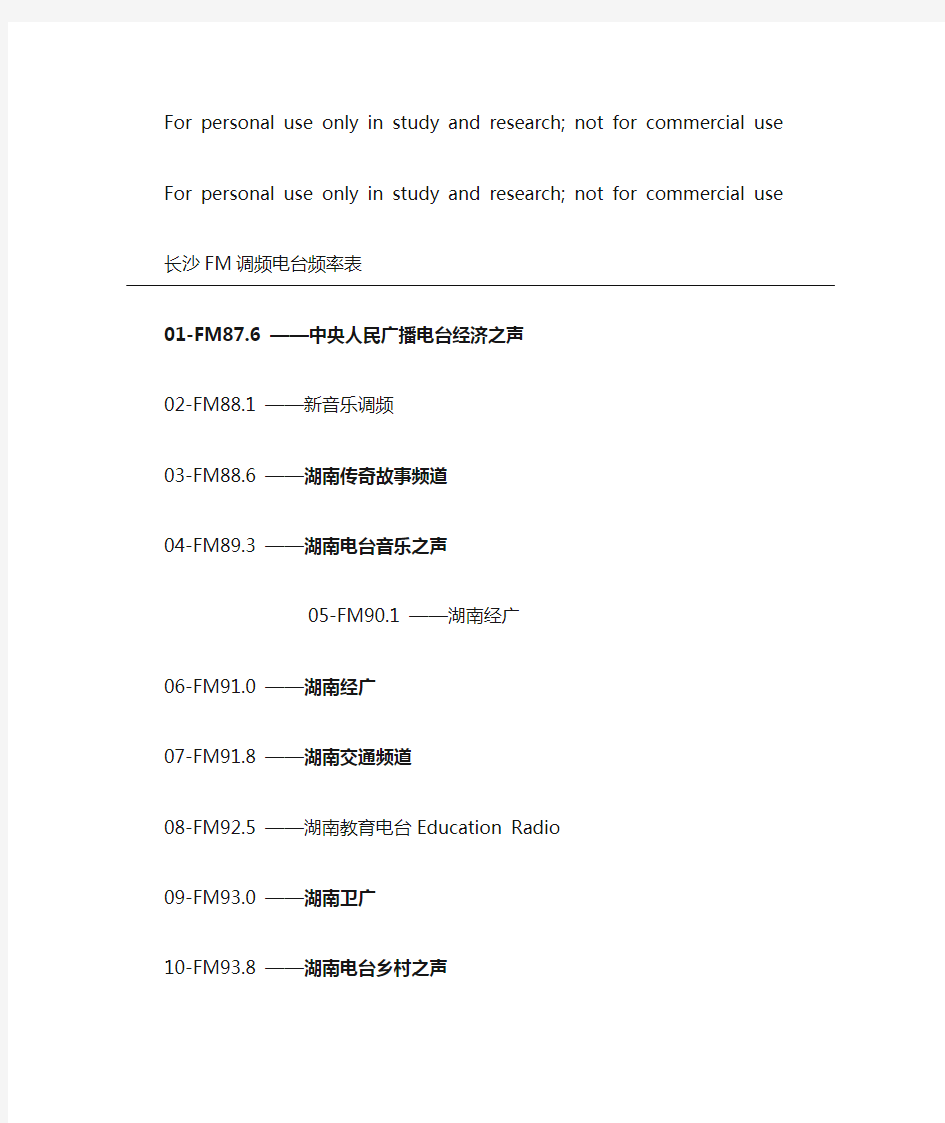 长沙FM调频电台频率表
