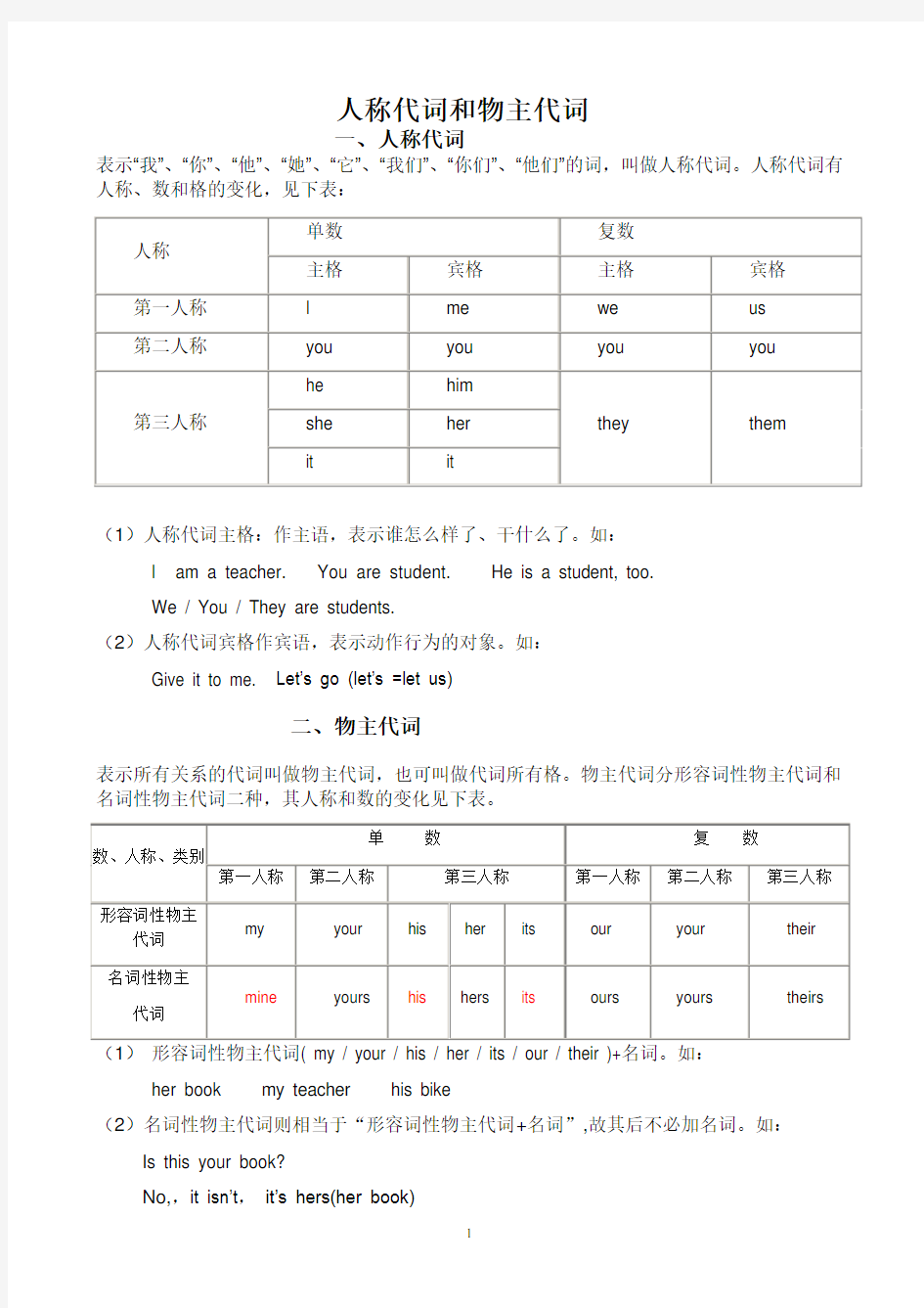 人教版初中英语人称代词和物主代词的表格及练习题