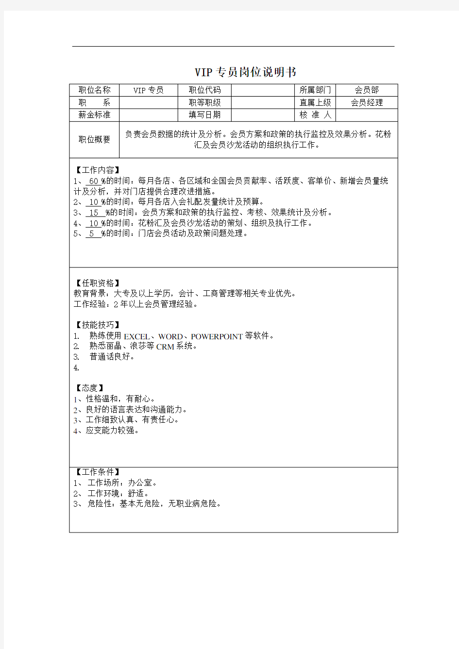 岗位职责说明书-会员部-VIP专员