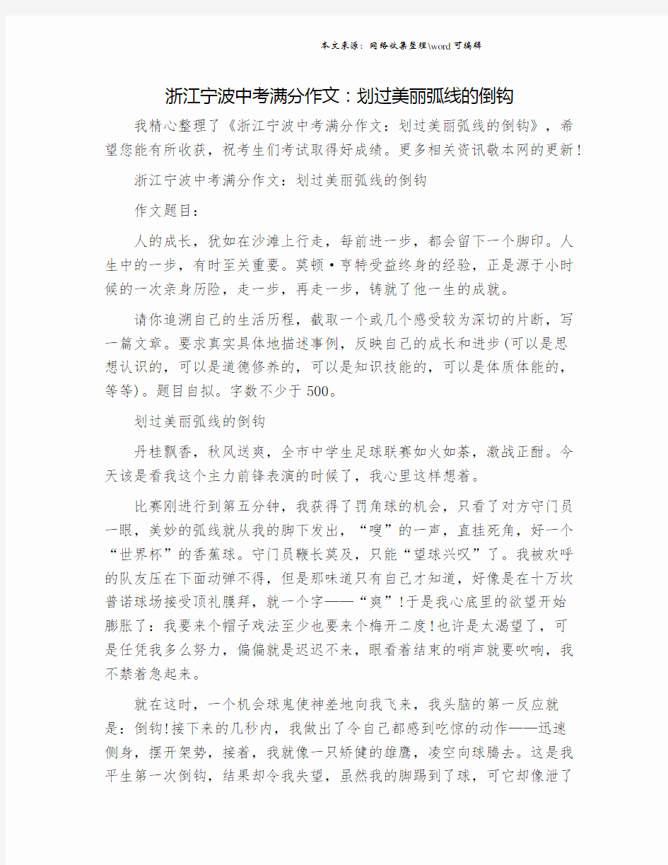 浙江宁波中考满分作文：划过美丽弧线的倒钩.doc