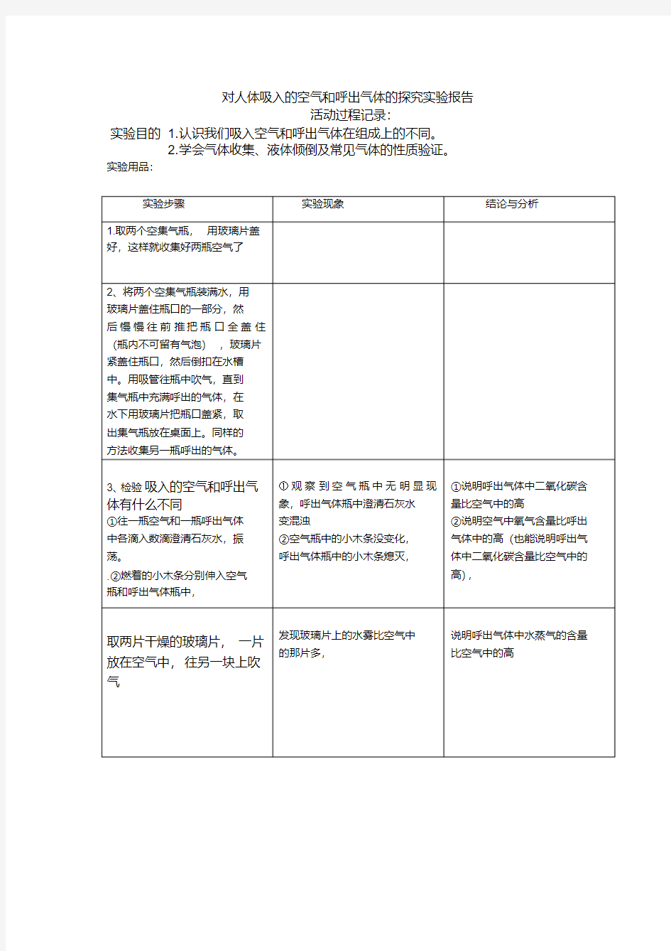 最新对人体吸入的空气和呼出气体的探究实验报告整理