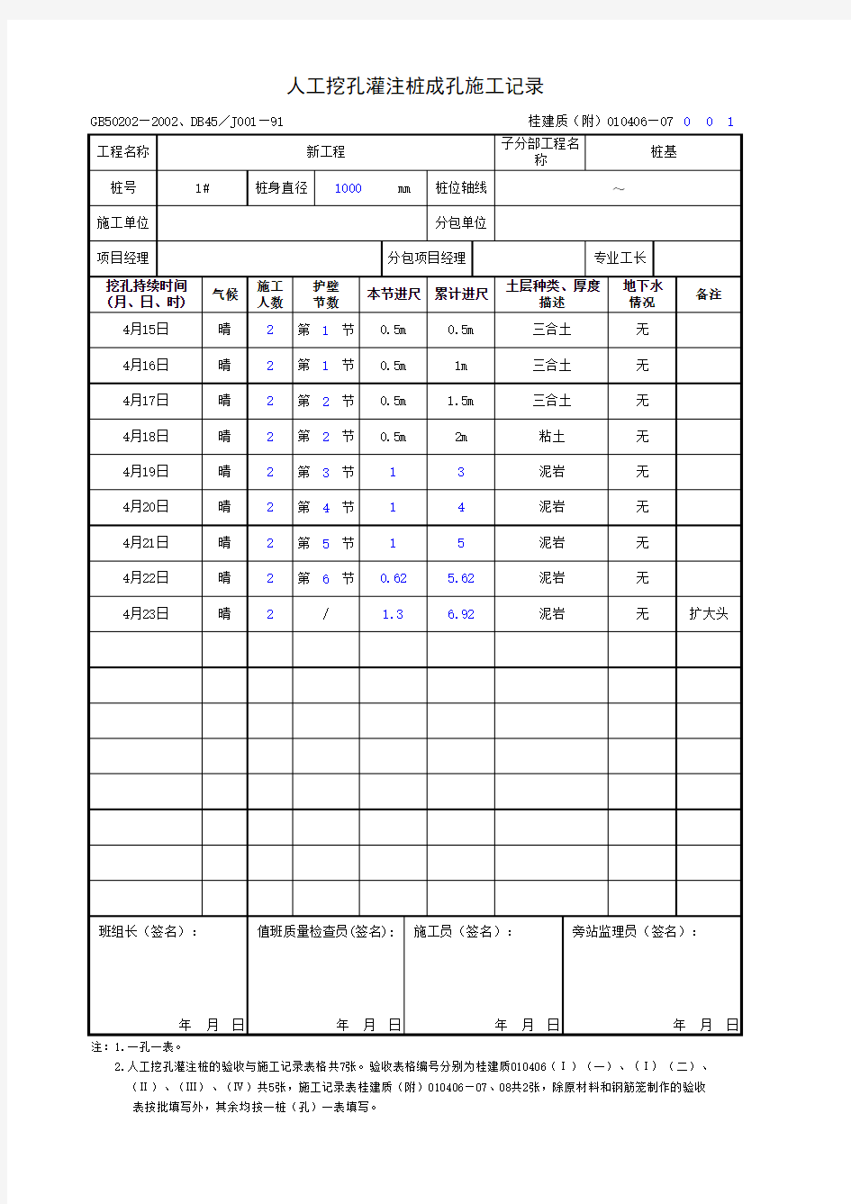 人工挖孔灌注桩成孔施工记录010406-07