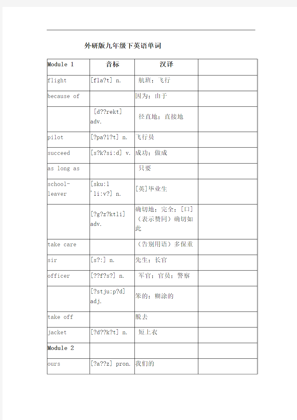 外研版九年级下英语单词