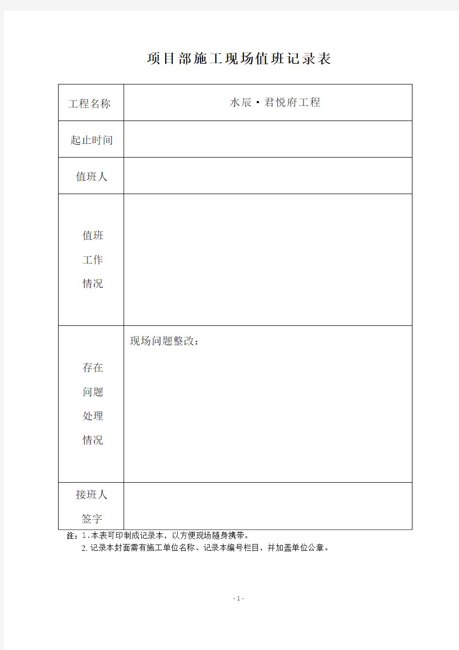 建筑施工企业及项目部领导施工现场值班带班交接班记录表