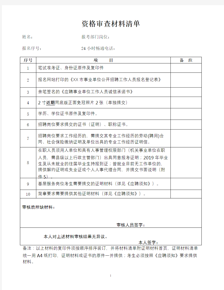 资格审查材料清单【模板】