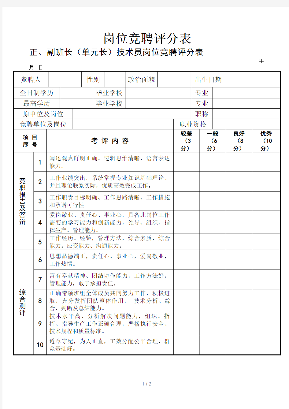 岗位竞聘评分表