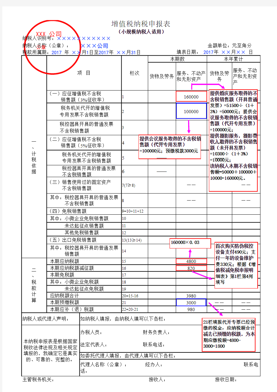 小规模纳税人增值税申报表案例填写模板