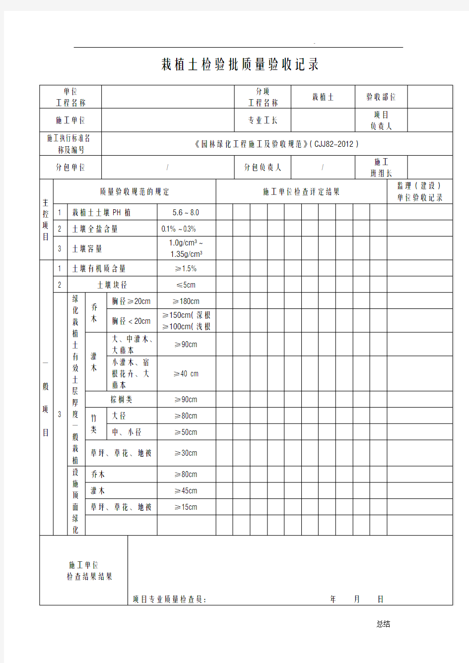 《园林绿化工程施工及验收规范》表格