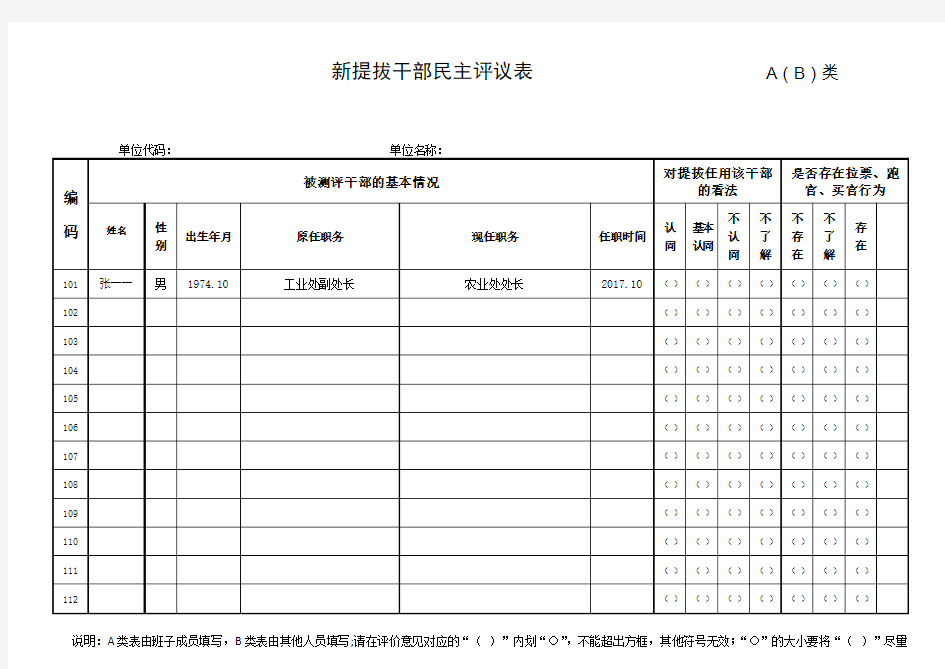 新提拔干部民主评议表AB类