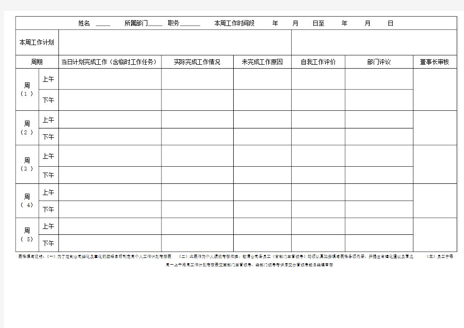 周工作计划考核表