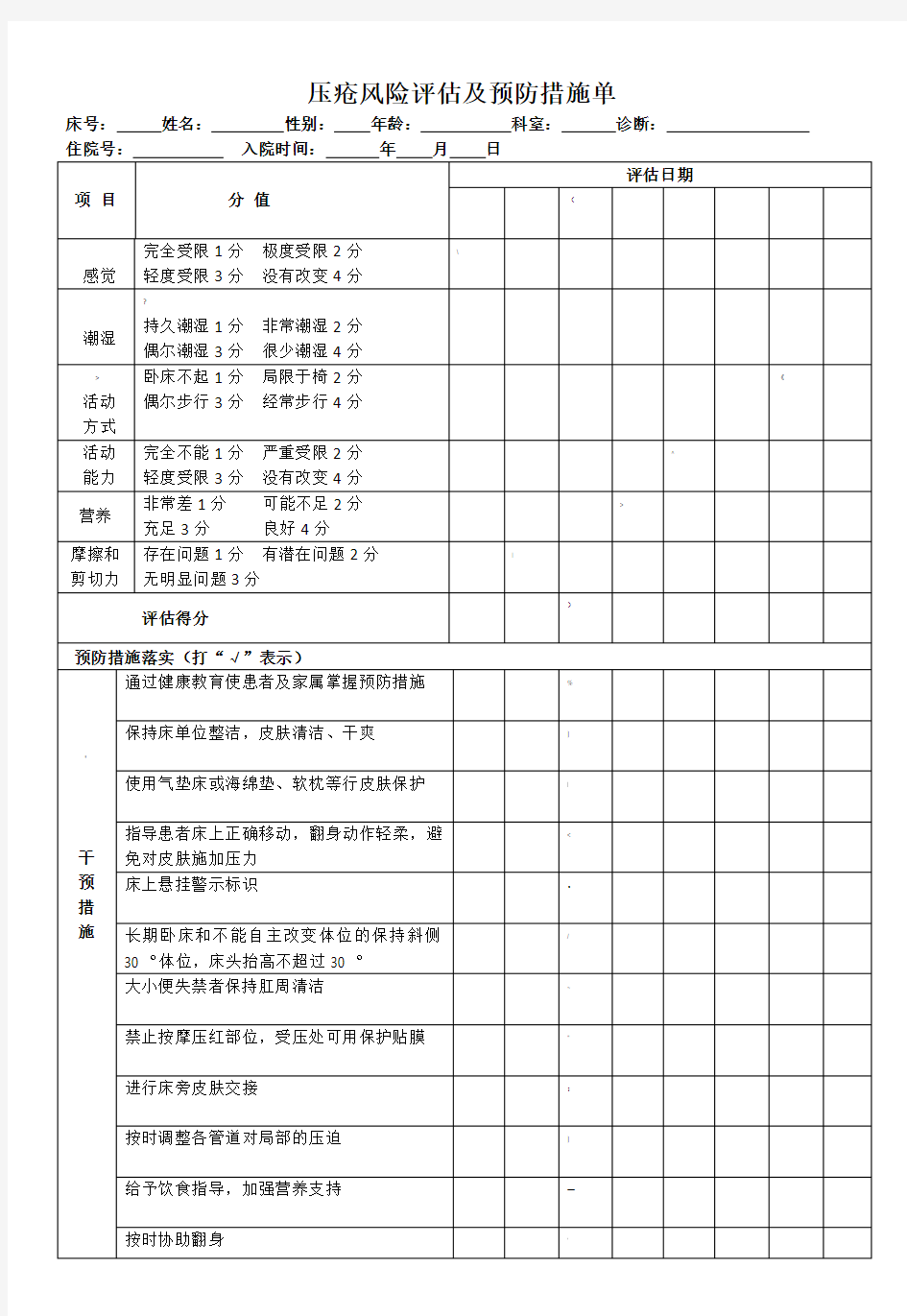 压疮风险评估及预防措施单