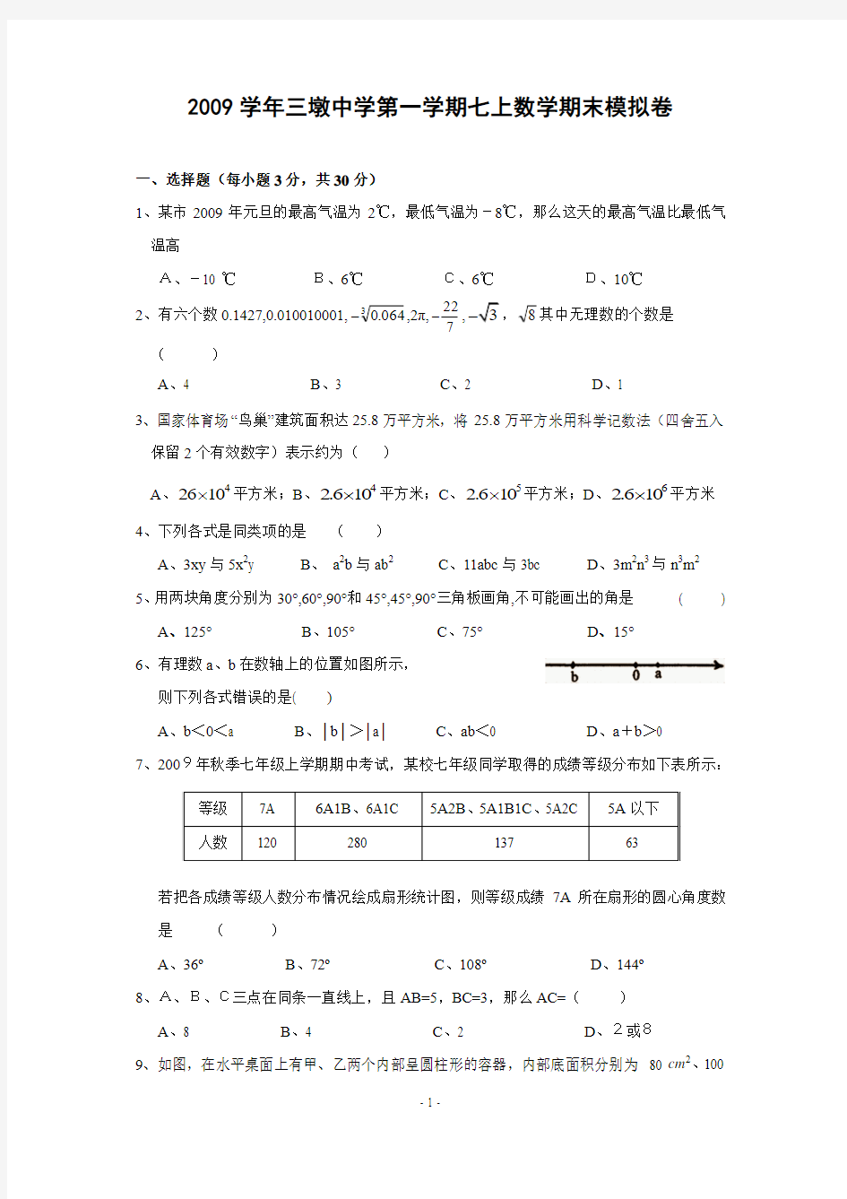 三墩中学2009-2010学年七年级(上)期末数学模拟试题(含答案)