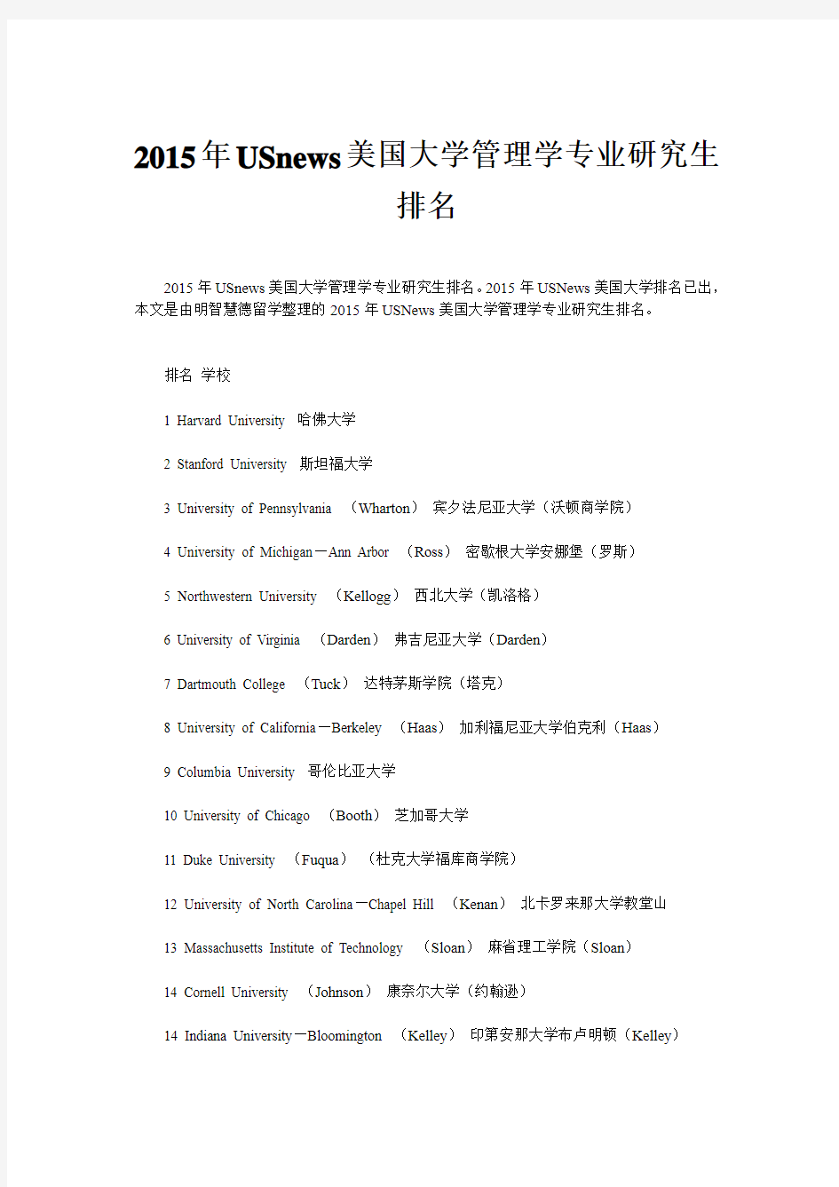 2015年USnews美国大学管理学专业研究生排名