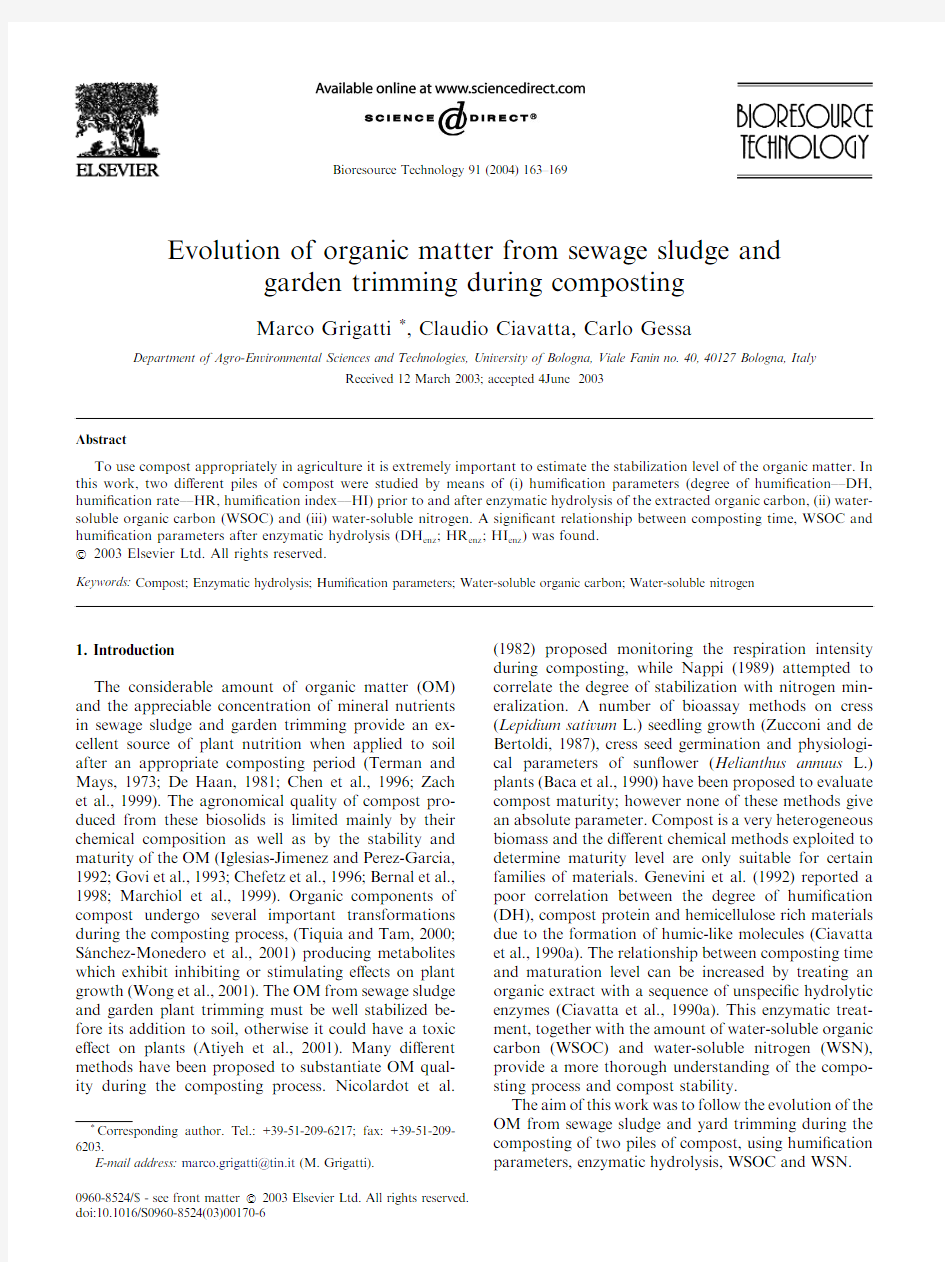 Evolution of organic matter from sewage sludge and garden trimming during composting