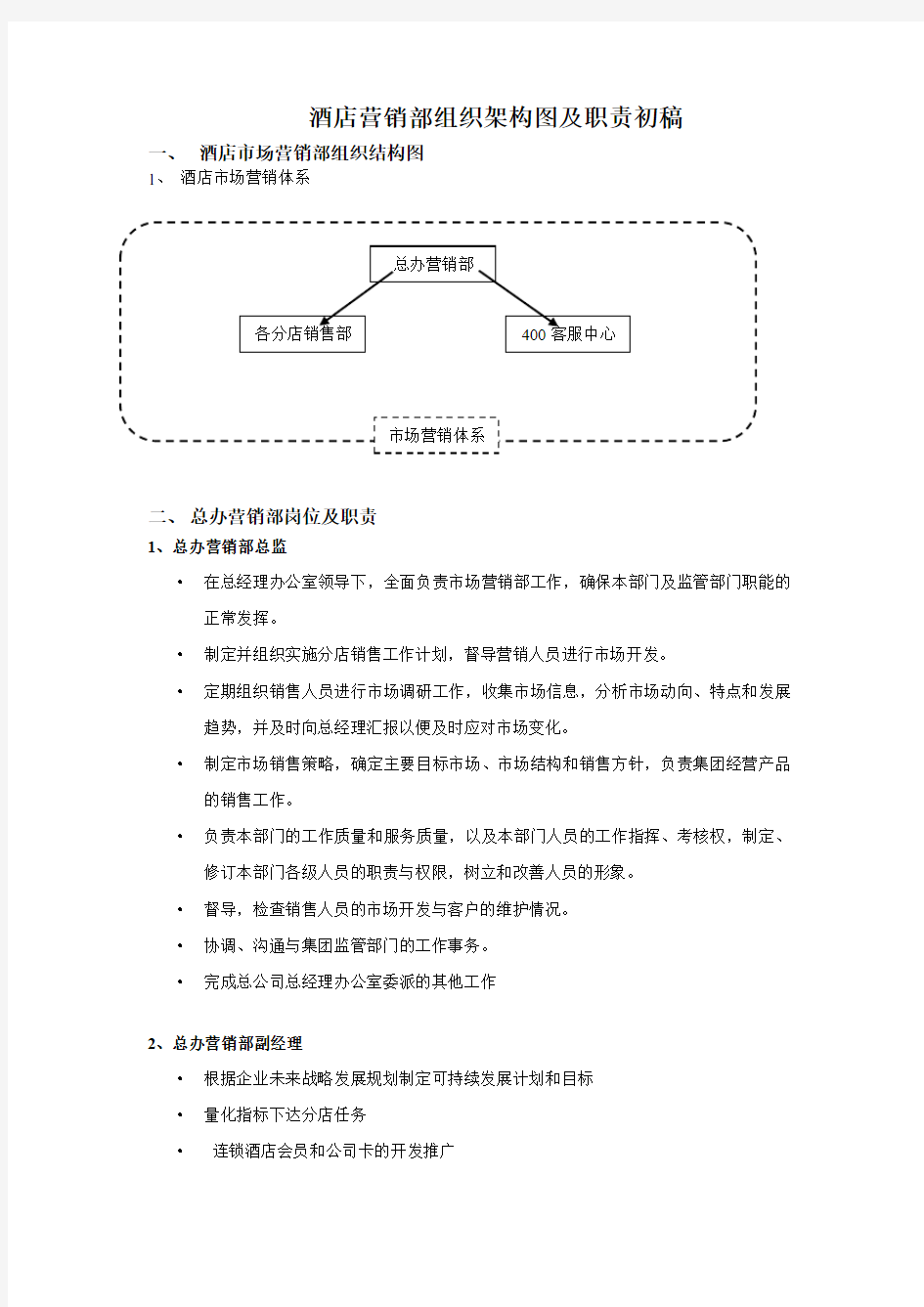 酒店营销部组织架构图及岗位职责