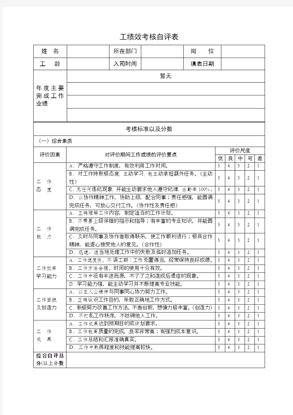 员工绩效考核自评表