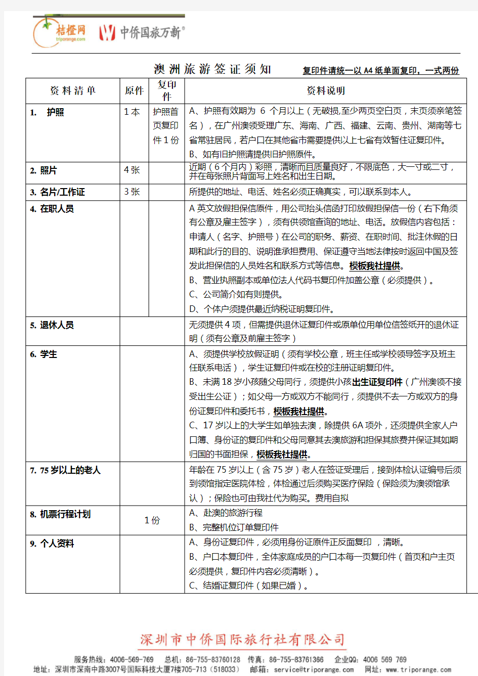 澳洲个人旅游签证须知及表格