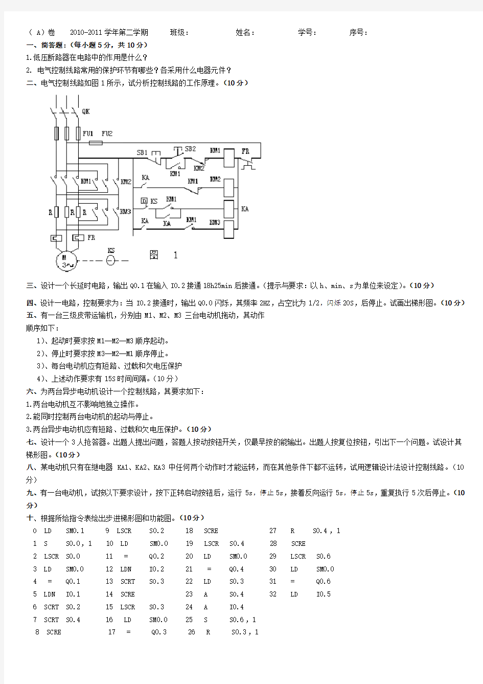 西门子S7-200PLC期末考试试题