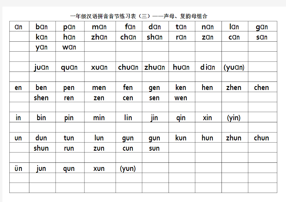 一年级汉语拼音---声母、复韵母组合音节练习表(2)