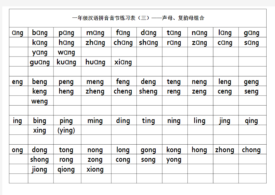 一年级汉语拼音---声母、复韵母组合音节练习表(2)