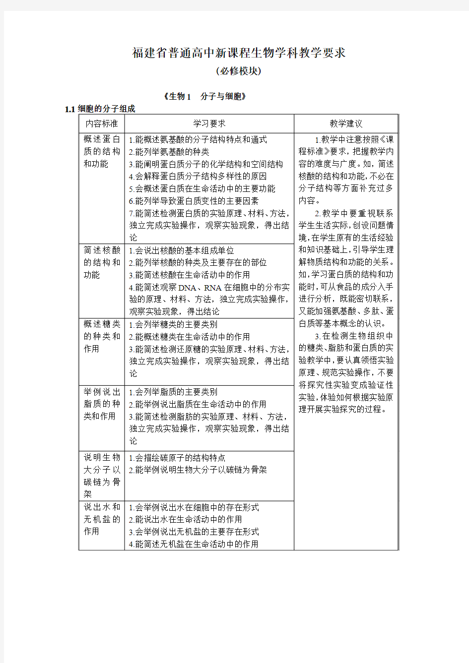 福建省普通高中新课程生物学科 课程标准