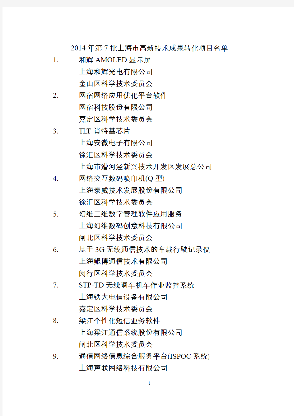 2014 年第 7 批上海市高新技术成果转化项目名单
