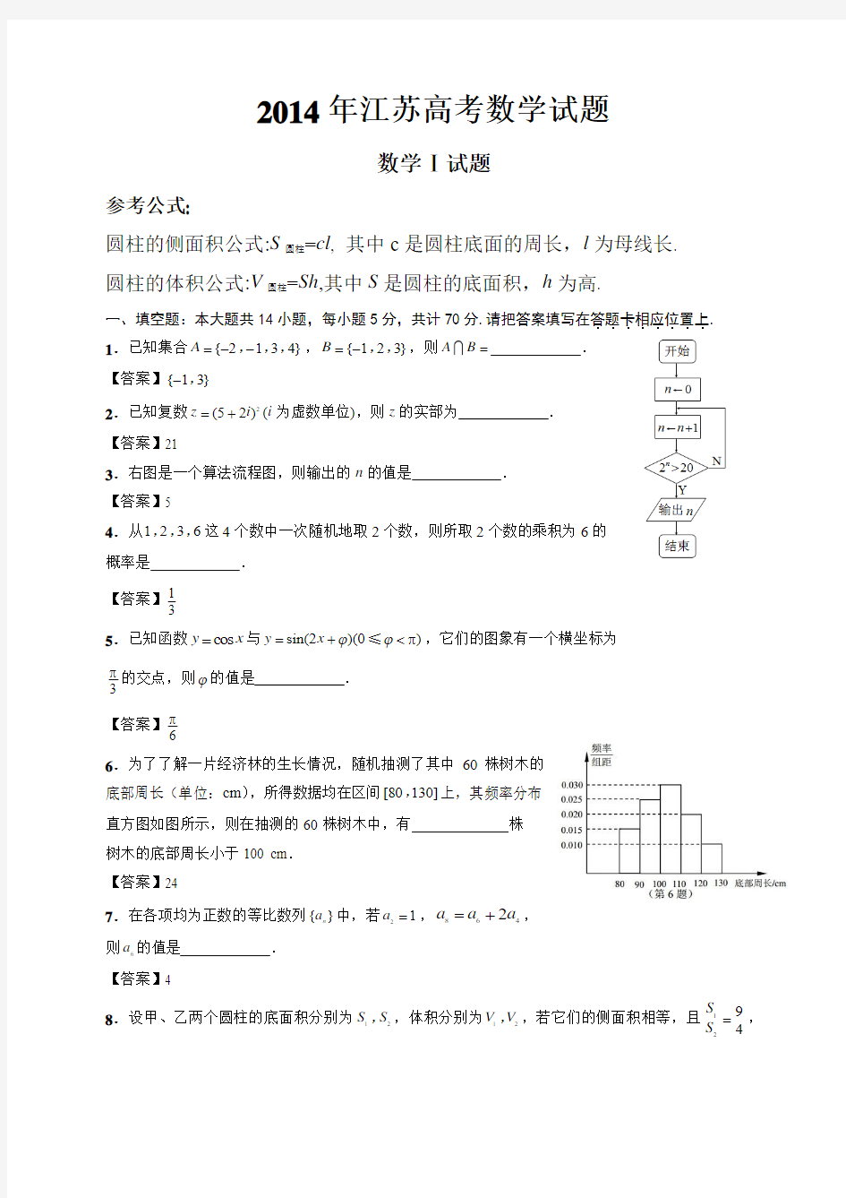 (江苏省)2014年高考真题数学试题(WORD高清精校版)