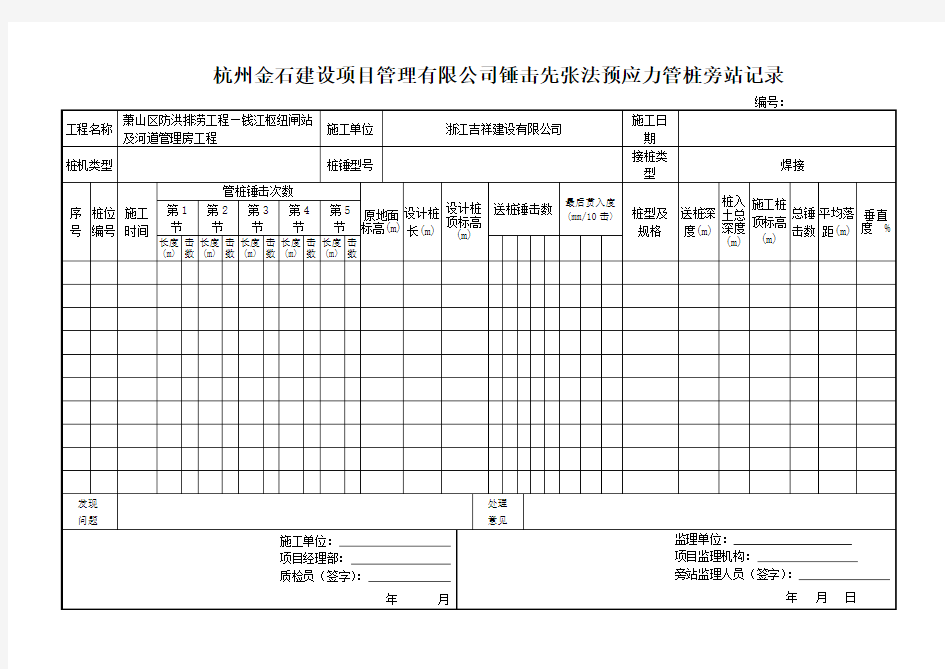 锤击式预应力管桩监理旁站记录