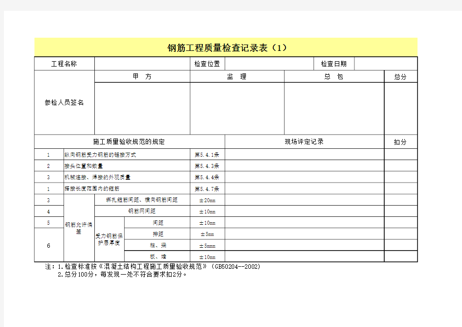 钢筋工程质量检查记录表