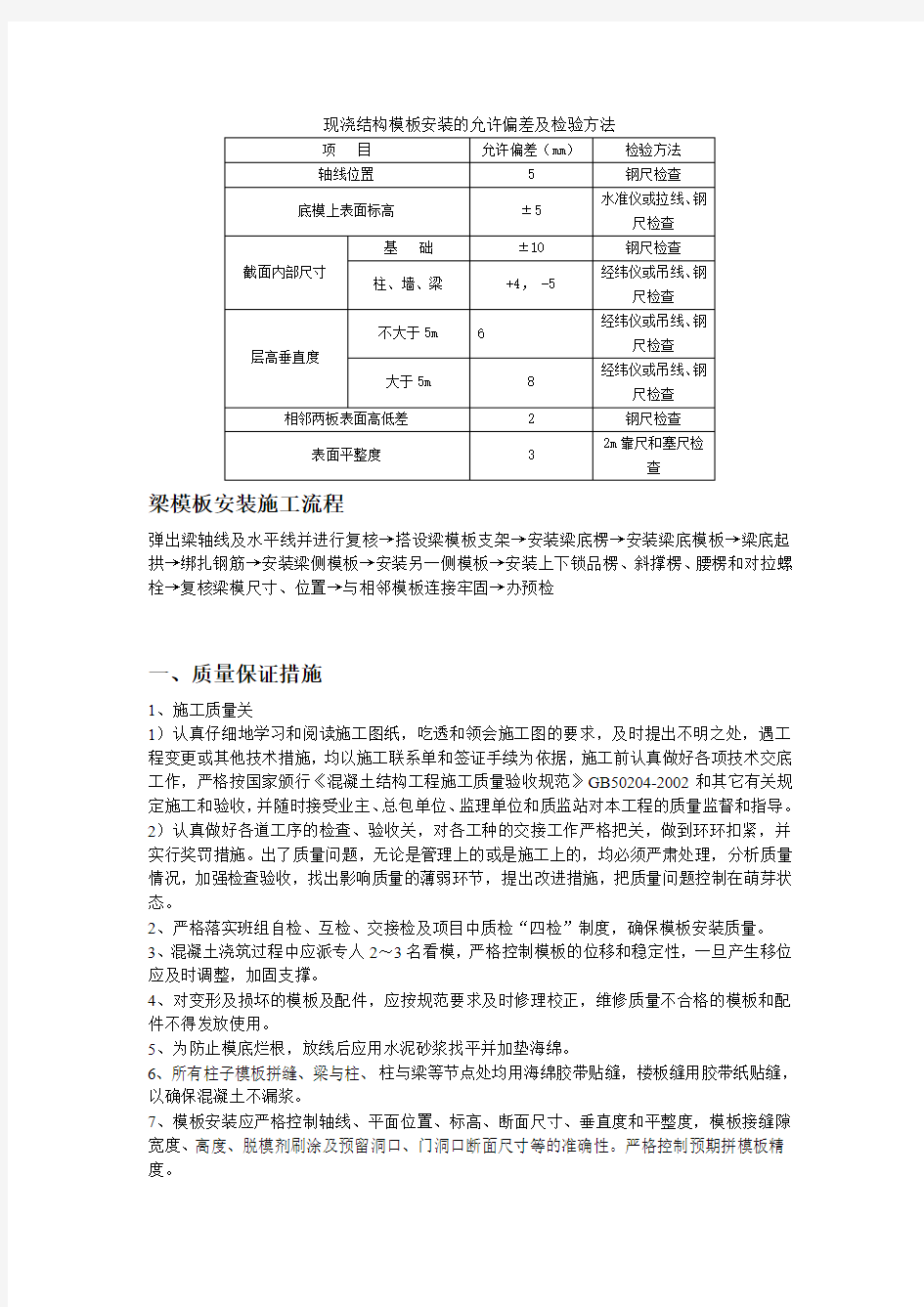 现浇结构模板安装的允许偏差及检验方法