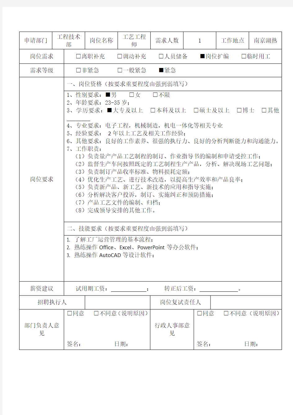 工艺工程师招聘要求(1)