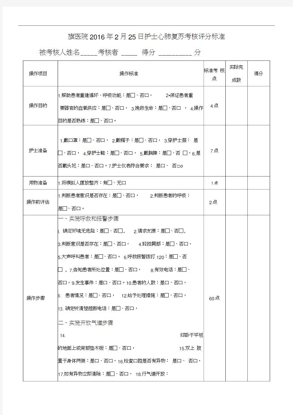 心肺复苏考核评分标准