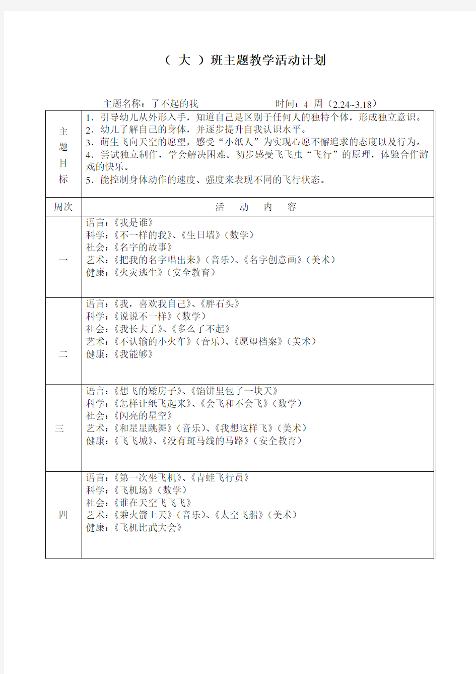 大班第二学期主题计划教学内容