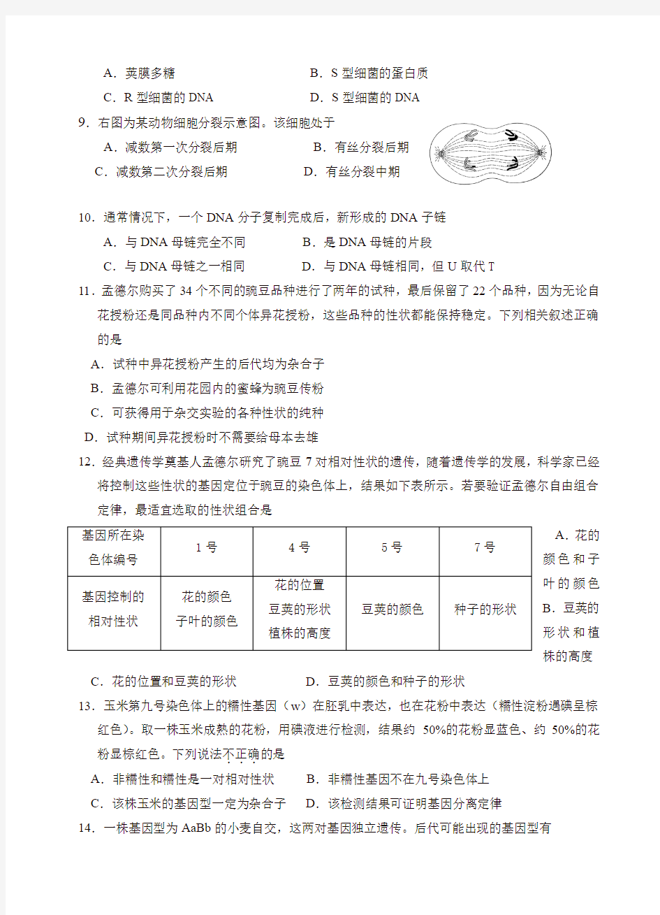 北京市西城区高二第一学期期末考试生物试卷(有答案)