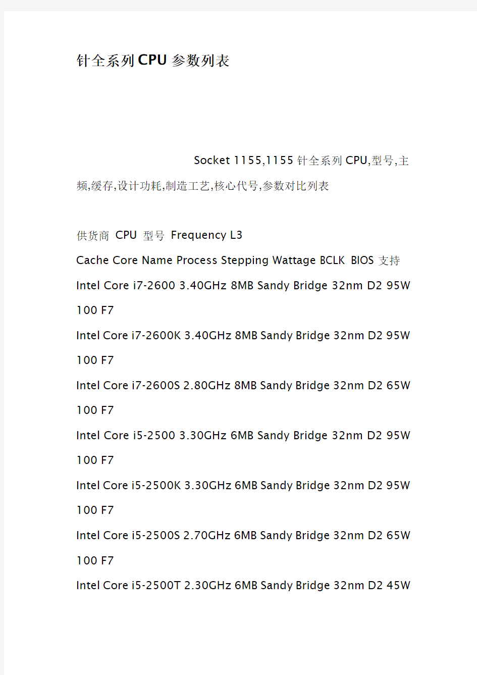 针全系列CPU参数列表