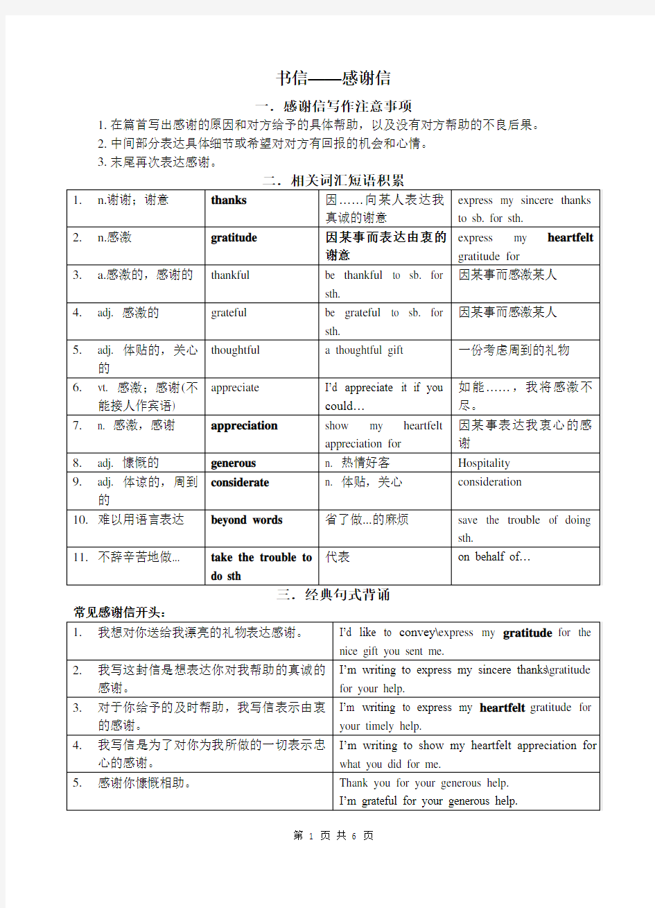 2020高考英语写作【感谢信】