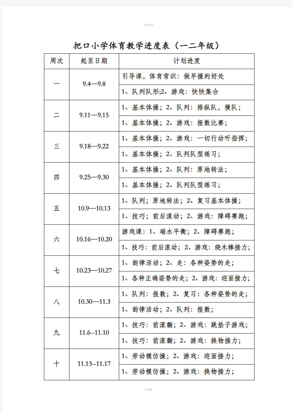 小学一年级体育教学进度表