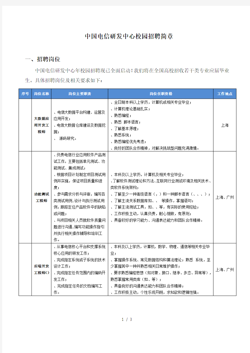 中国电信it研发中心校园招聘简章