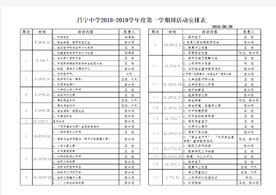 2018-2019第一学期周活动安排表