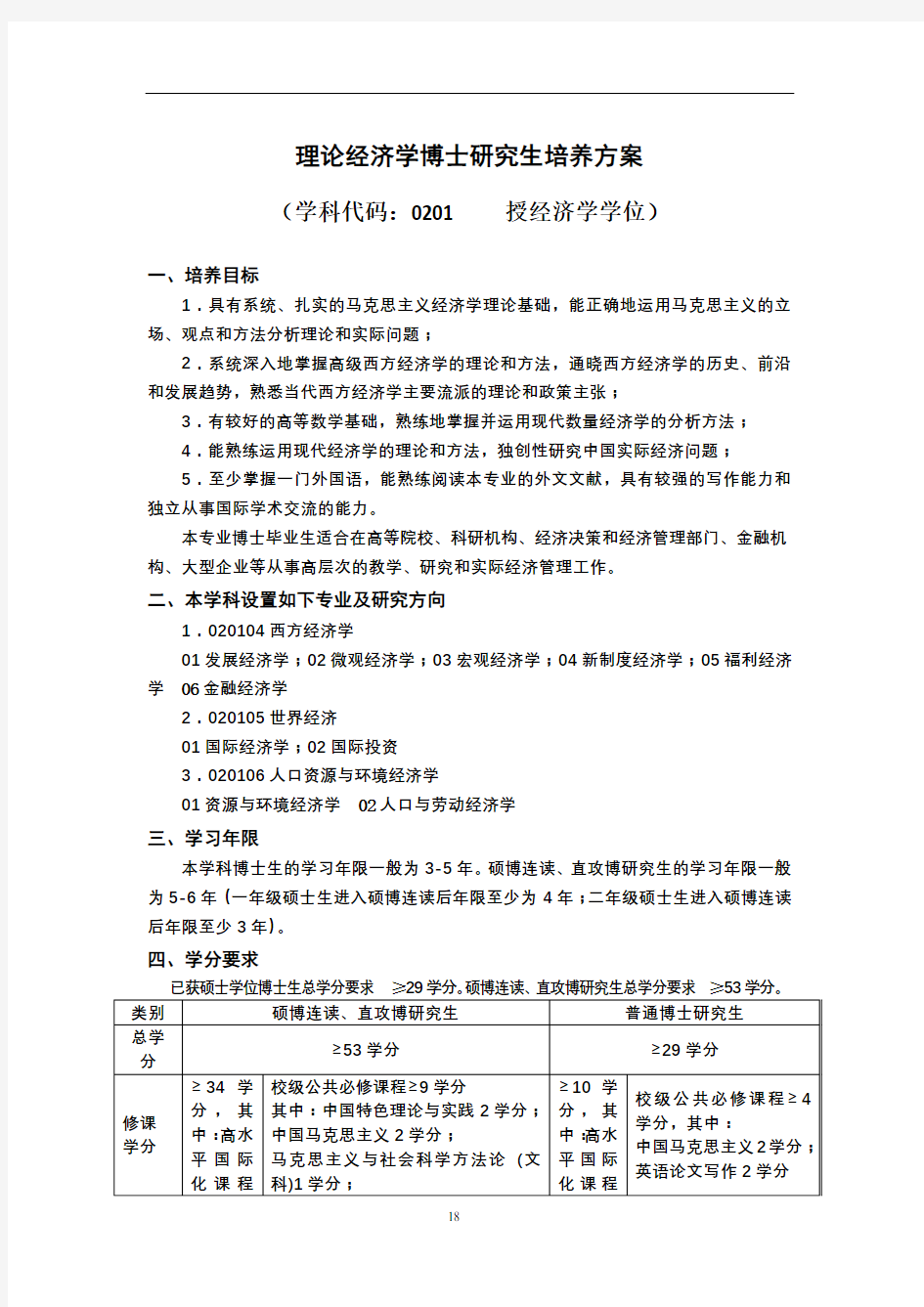 理论经济学博士研究生培养方案【模板】