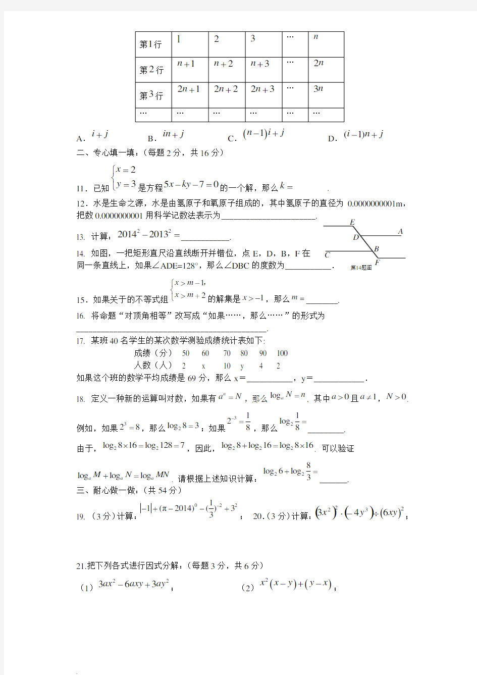 新人教版七年级数学下册期末测试卷(含答案)