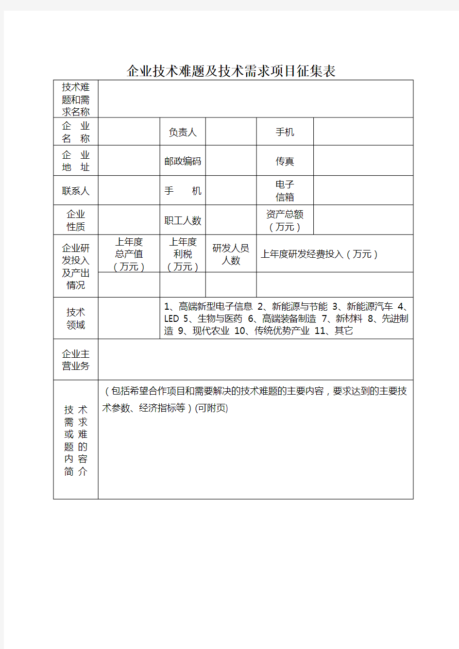 企业技术难题及技术需求项目征集表