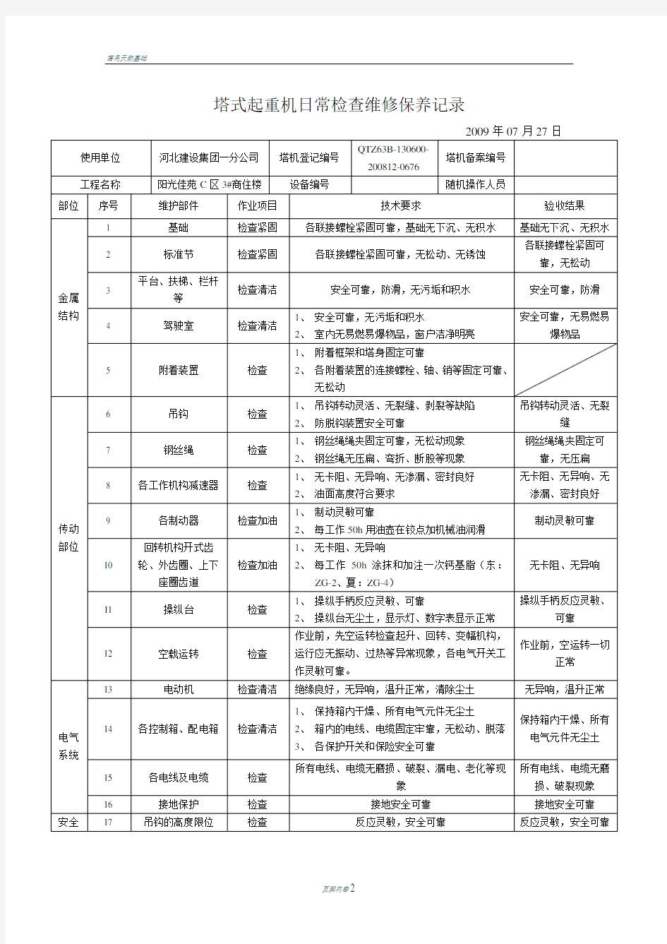 塔式起重机日常检查维修保养记录