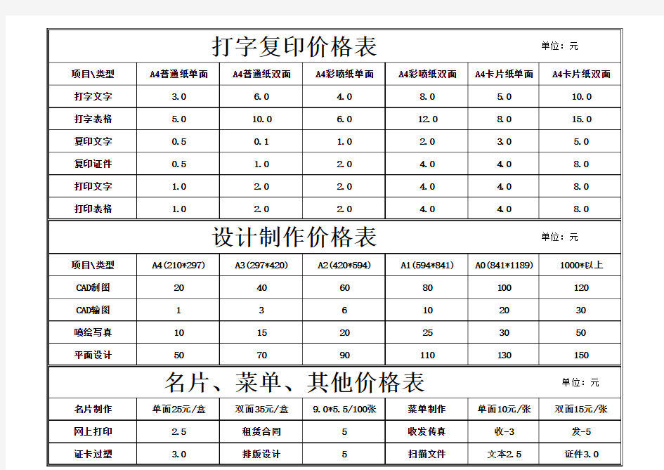 复印打字价格表