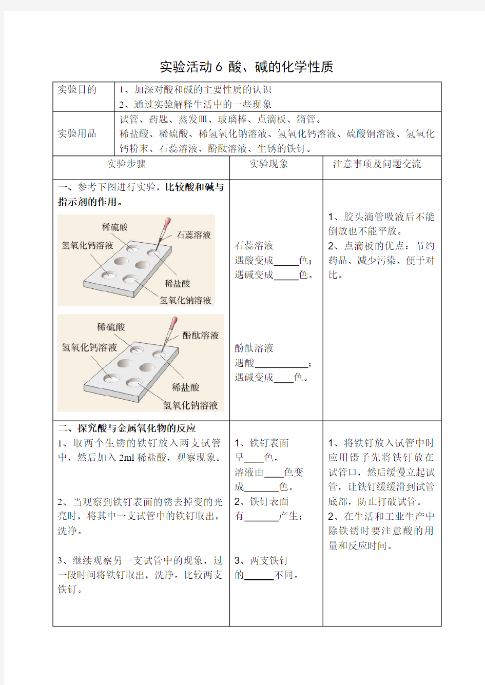 人教版初三化学下册实验活动6 酸、碱的化学性质 实验报告