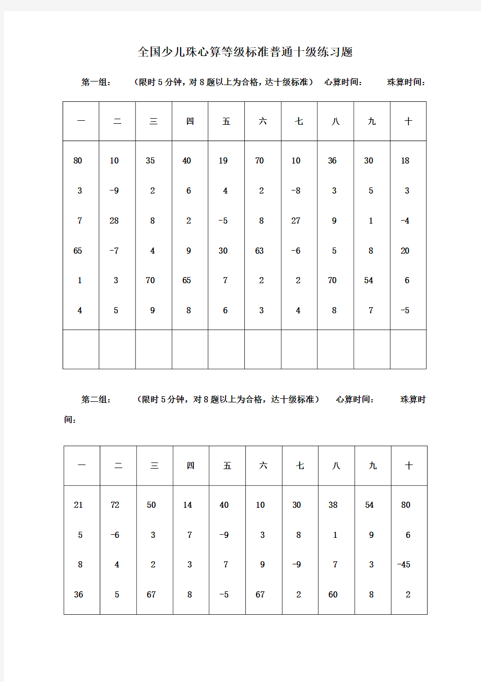 全国少儿珠心算等级标准普通十级练习题