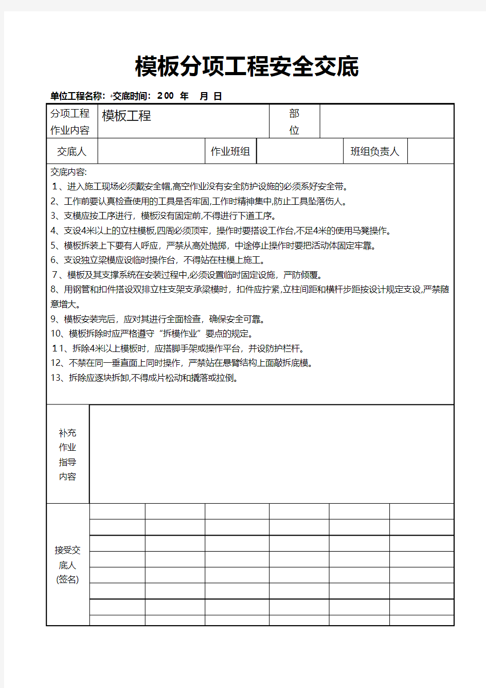 模板分项工程安全交底技术交底工程施工组织设计模板安全监理实施